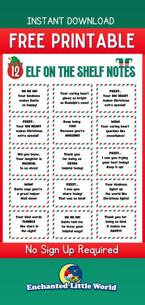 Colorful and festive printable featuring 12 Elf on the Shelf notes with candy cane borders, cheerful fonts, and heartwarming messages. Each note is designed to inspire kindness, joy, and holiday magic for kids and families during Christmas celebrations. Elf On Shelf Notes Free, Elf Departure Ideas Free Printable, Elf On The Shelf Departure Letter Free Printable, Elf Yoga Free Printable, Elf On The Shelf Notes To Kids, Elf Notes To Kids, Elf On The Shelf Notes Printable Free, Elf Notes To Kids Free Printable, Free Elf On The Shelf Printables