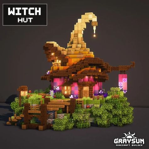 Minecraft Witch Cottage Ideas, Minecraft Fantasy Witch House, Minecraft Which Hut, Mc Witch House, Witch Shop Minecraft, Fantasy Shop Minecraft, Minecraft Witch Hut Ideas, Minecraft Witches House, Minecraft Fantasy Build Ideas