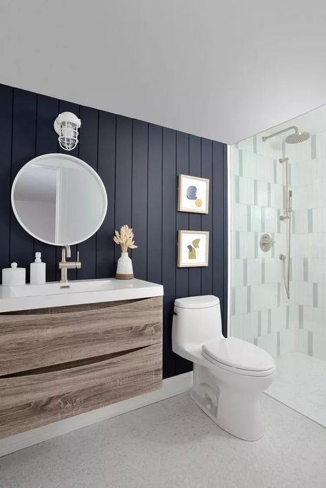 32 Shiplap Accent Wall Ideas For Any Room Attic Bathroom Ideas, Finished Basement Designs, Small Attic Bathroom, Navy Blue Bathrooms, Navy Bathroom, Add A Bathroom, Grey Bathroom Tiles, Shiplap Bathroom, Shiplap Accent Wall