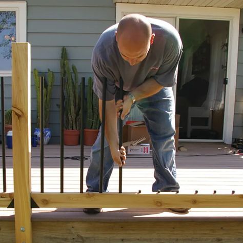 Baluster Installation - DecksDirect Porch Balusters, Garden Bridge Design, Deck Handrail, Deck Railing Systems, Aluminum Balusters, Front Porch Railings, Deck Balusters, Deck Spindles, Deck Railing Design