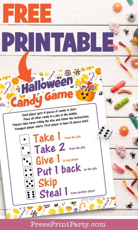 HALLOWEEN CANDY GAME Free Printable: Fun Candy Swap Game for kids. You'll be surprised by how much fun the kids will have playing this Halloween Candy Game at your next Halloween party. This Candy dice game is great to play after trick-or-treating with friends and family, as an activity for your little Halloween party guests, or as a perfect classroom activity during October. All you need is the printed instruction sheet, a dice, and a few pieces of candy - Press Print Party! Candy Dice Game Printable, Halloween Left Right Game Free, Candy Games For Kids, Halloween Activity Days, Halloween Candy Dice Game, Candy Dice Game, Halloween Party Candy, Pumpkin Carving Patterns Free, Perfect Classroom