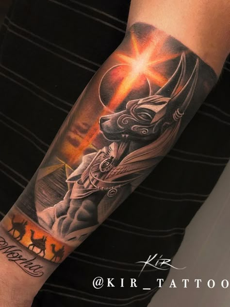 Tattoo uploaded by Jennifer R Donnelly • Anubis tattoo by Kir Tattoo #KirTattoo #anubis #blackandgrey #egypt #africa #camel #sun #deity • 1437454 • Tattoodo African Warrior Tattoos, Pharaoh Tattoo, African Sleeve Tattoo, Egyptian Eye Tattoos, Africa Tattoos, Egyptian Tattoo Sleeve, Catrina Tattoo, Anubis Tattoo, African Tattoo