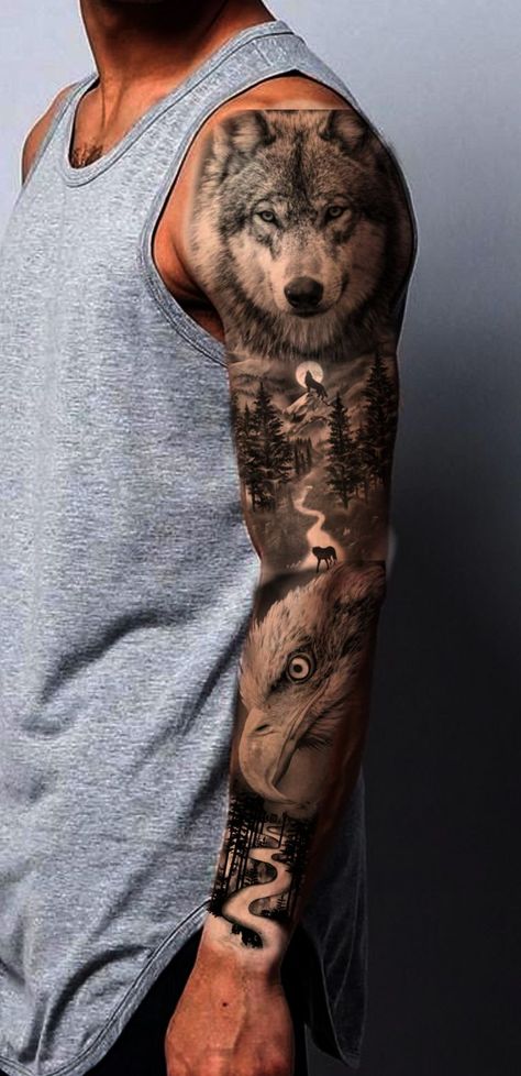 Full Sleeve Tattoos Animals, Wilderness Sleeve Tattoo For Men, Wolf Full Arm Tattoos For Guys, Tattoo Sleeve Men Animals, Wolf Full Sleeve Tattoo For Men, Wolf Tattoo Full Sleeve, Wolf Tattoo Ideas For Women Half Sleeves, Animal Tattoo Sleeve Realistic, Men’s Animal Sleeve Tattoo