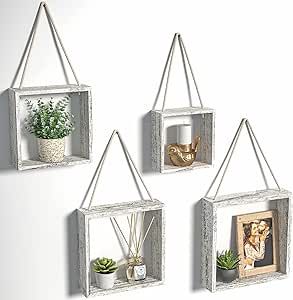 J JACKCUBE DESIGN Floating Hanging Square Shelves Wall Mounted Rustic Wood Cube Display Shelf Shadow Boxes Decorative Boho Home Décor for Living Room, Bedroom, Office, Set of 4 (White) - MK571C Boho Shadow Box Ideas, Guess Bedroom, Square Shelves, Cube Display, Wood Cube, Square Shelf, Shelves Wall, Farmhouse Ideas, Office Set