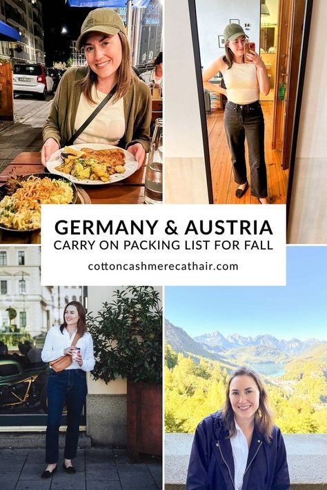 Planning a fall trip to Germany? Kimi of Cotton Cashmere Cat Hair shared everything you need to know to pack the perfect carry on suitcase for two weeks in Germany (and Austria) in September! Find my full packing list, outfit ideas, recommendations, and more. Germany Packing List, Munich Germany Travel, Germany In Winter, Fall Packing List, September Travel, Germany Outfits, Fall Packing, Trip To Germany, Germany Fashion