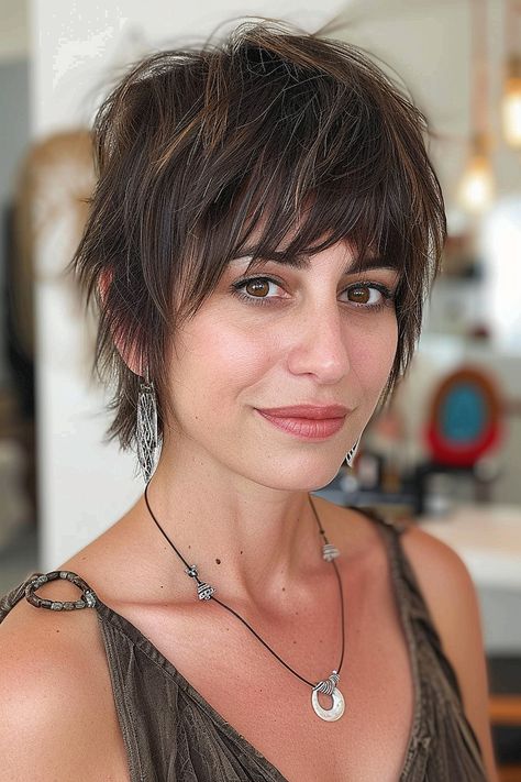 Best Haircuts and Hairstyles with Bangs in 2024 Piecey Shag Haircut, Pixie Hair With Bangs, Pixie Bangs, Short Messy Haircuts, Edgy Short Haircuts, Short Shag Haircuts, Pixie Cut With Bangs, Short Hair Over 60, How To Cut Bangs