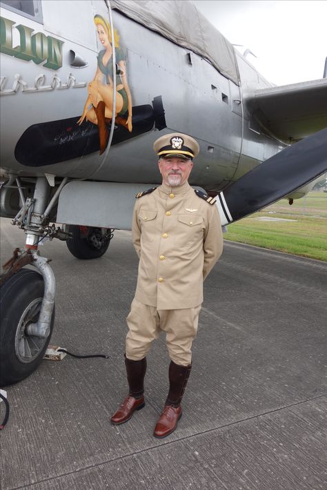 1917-1918 WWI Naval Aviator Summer, khaki, Uniform. Made from khaki cotton twill, jodhpurs and tunic. Shoulder boards, leather puttees, brown shoes (worn by aviation personnel). Worn at Ellington Field 100th Birthday, Houston, Texas (no WW1 planes available) Military Outfits, Army Pilot, Ww1 Planes, Pilot Uniform, Naval Aviator, 100th Birthday, Military Outfit, Brown Shoes, British Army