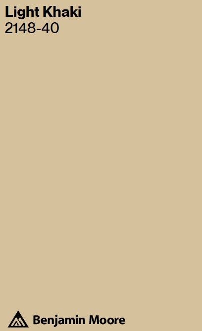 Benjamin Moore Light Khaki paint color swatch. #bmlightkhaki #khakipaintcolors Khaki Exterior House Colors, Creamy Paint Colors, Khaki Paint Colors, Khaki Paint, English Country Kitchen, English Country Interiors, Brown Paint Colors, Painting Shutters, Cotswolds Cottage