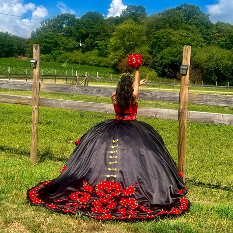 Black And Red Quinceaera Dress, Only Used It Once, Looks Brand New. Red And Black Quinceanera Dresses, Black And Red Quinceanera Dresses, Quince Charro, Black Quince Dress, Theme Quinceanera, Charro Theme, Black Quince, Red Quinceanera Dress, Xv Dresses