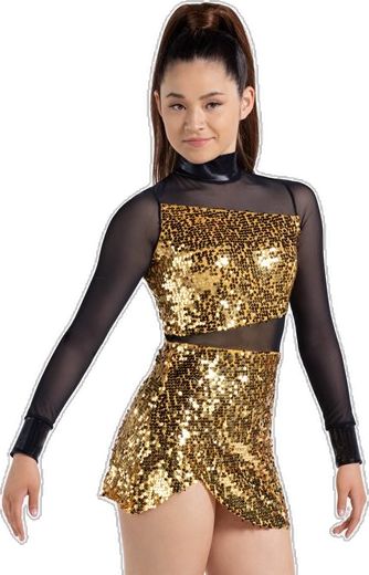 Gold Dance Costumes Jazz, Black And Gold Dance Costume, Dance Moms Costumes, Competition Skating Dress, Dance Costumes Hip Hop, Lyrical Dresses, Jazz Costumes, Faux Wrap Skirt, Jazz Dance Costumes