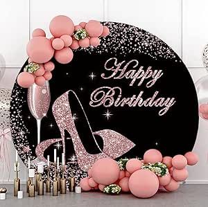 DASHAN Happy Birthday Backdrop for Women Pink and Black Birthday Party Decorations Round Backdrop Heels Champagne Glass Women Party Photography Background 7.2x7.2ft Polyester Round Backdrop Golden High Heels, Heels Champagne, Arch Background, Gold Birthday Party Decorations, Champagne Balloons, Background Stand, Birthday Party Background, Round Backdrop, Birthday Bar