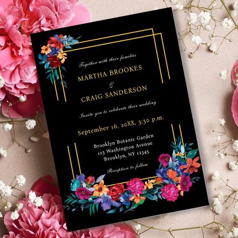 $2.92 | Watercolor Mexican Fiesta Flower Wedding Black #watercolor mexican fiesta flower wedding, modern elegant, whimsical wildflowers, botanical floral, typography, spring summer fall winter, outdoor country garden wedding, destination, colorful bold, spanish Black Wedding With Pops Of Color, Black And Wildflower Wedding, Wedding Modern Elegant, Bold Wedding Invitations, Country Garden Wedding, Bright Wedding Colors, Floral Typography, Country Garden Weddings, Black Watercolor