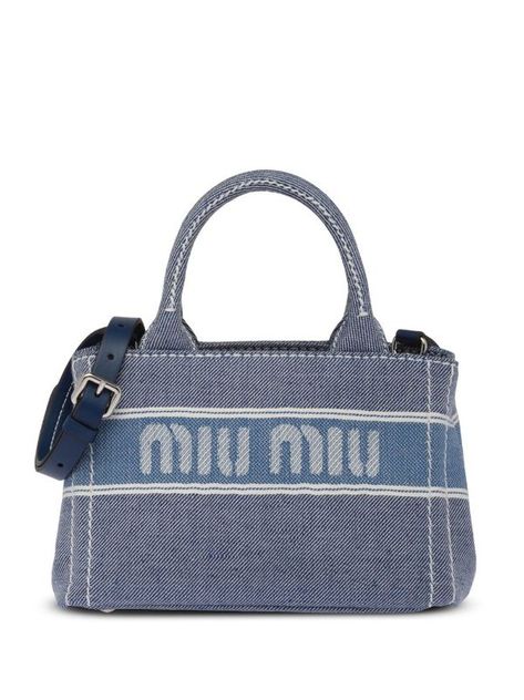 Miu Miu Denim Jacquard Logo Handbag - Farfetch Miu Miu Denim, Leather Thigh Boots, Balenciaga Arena, Embellished Denim Jacket, Miu Miu Bag, Leather Boots Heels, Embellished Denim, Pointed Toe Boots, Marthas Vineyard