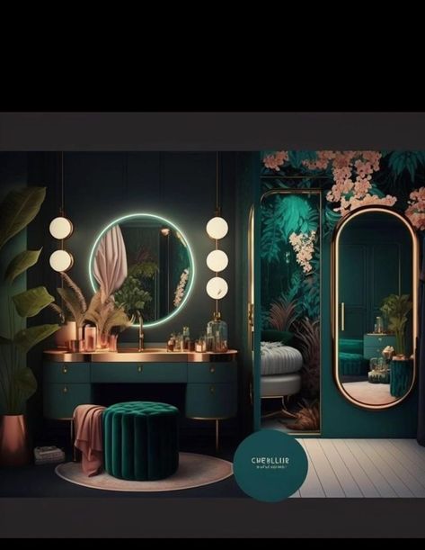 Dopamine Apartment, Mirror Vanity Ideas, Dress Table Design, Dressing Table Ideas Modern, Aesthetic Dressing Table, Dressing Table Aesthetic, Dressing Table Black, Jewel Tone Bedroom, Vanity Ideas Bedroom