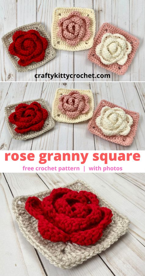 Roses are red, violets are blue–I love this easy crochet pattern, and so will you! These beautiful, textured, three-dimensional rose granny squares would look lovely as a blanket, pillow, scarf, tote bag, or just about anything else –so feel free to get creative this Valentine's Day! #crochetrose #crochetrosepattern #crochetflowerpattern #floralcrochet #crochetflower #crochetafghan #crochetblanket #crochetflowerafghan #crochetroseafghan #freecrochetpattern #crochetblanketpattern Rose Granny Square, Corak Krusye, Sac Granny Square, Granny Square Pattern Free, Motifs Granny Square, Crochet Roses, Crochet Rose Pattern, Crochet Appliques, Granny Square Crochet Patterns Free