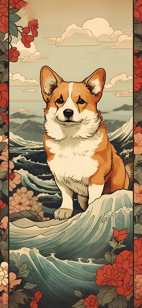 A Ukiyo-E style artwork of a Welsh Corgi cresting ocean waves with a flowered border, perfect for an aesthetic phone wallpaper. Corgi Wallpaper Iphone, Corgi Wallpaper, Corgi Tattoo, Corgi Drawing, Unique Wallpapers, Corgi Art, Aesthetic Wallpaper Iphone, Drawing Wallpaper, Wallpaper Android