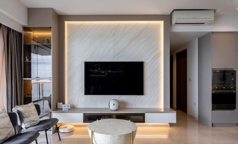 Like the lighting around the TV, and the floating TV console Backlit Tv, Low Console, Floating Tv Console, Floating Tv, Tv Console, Tv Wall, Floating, Living Room, Lighting