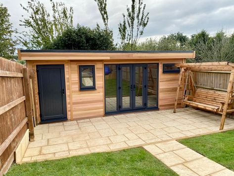 Garden Houses Ideas Cabins, Garden Office With Shed, Modern Garden Rooms Uk, Garden Room And Shed, Garden Design With Outbuilding, Garden Office And Gym, Garden Room Storage, Garden Garage Ideas, Garden Room With Shed