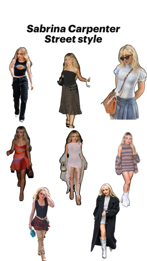 Sabrina Carpenter outfits Sabrina Carpenter Street Style, Inverted Triangle Outfits, Sabrina Carpenter Style, Sabrina Carpenter Outfits, Outfit Collage, City Outfits, Outfit Combinations, Clothing Hacks, Fashion Fits