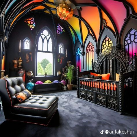 Gothic Rainbow, Gothic Nursery, Easy Decor Ideas, Easy Decor, Dark Home Decor, Goth Home Decor, Dark Home, Bedroom Decorating Ideas, Rainbow Nursery