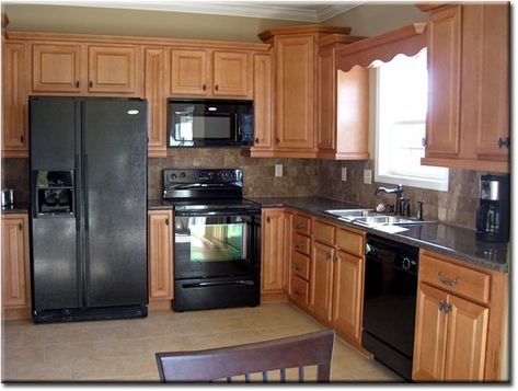 Oak Kitchen Black Appliances, Kitchen Cabinets With Black Appliances, Color Cabinets, Black Appliances Kitchen, Honey Oak Cabinets, Neutral Tile, Pine Cabinets, Light Wood Cabinets, Vinyl Floors