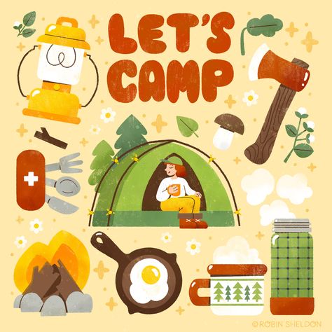 🏕🔦🏞️🔥🥾🎒 Let's Camp 🏕🔦🏞️🔥🥾🎒 on Behance Camp Poster Ideas, Camping Illustration Art, Campsite Illustration, Camp Illustration, Travel Illustration Art, Camping Cartoon, Camping Illustration, Camping Stickers, Camping Drawing