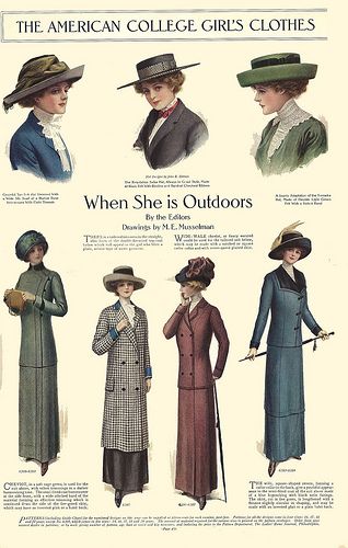 The American College Girl's Clothes When She is Outdoors. Ladies Home Journal, 1911. Fashionable Gowns, Edwardian Clothes, 10s Fashion, College Girl Outfits, Fashion 1910, 1900s Fashion, 1910s Fashion, Period Clothing, Vintage College