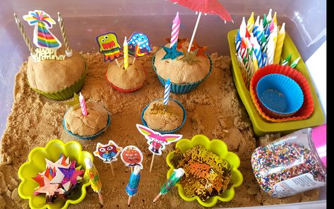 Birthday Party Sensory Bin, Cake Sensory Bin, Cupcake Sensory Bin, Party Sensory Bin, Kinetic Sand Sensory Bin, Playdough Cake, Playdough Area, Happy Birthday Confetti, Mary Birthday