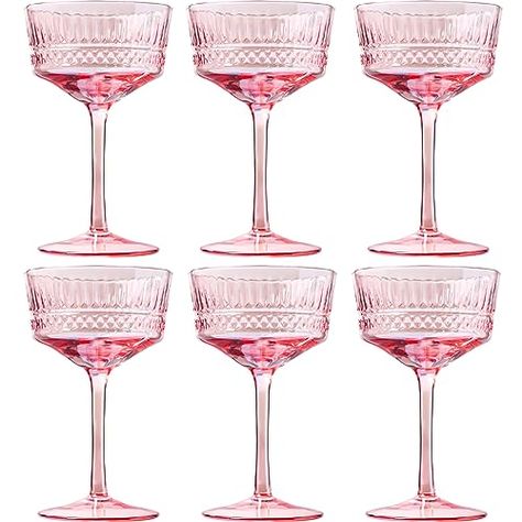 Pink Crystal Coupe Glass | Set of 6 | Large 9.3oz Stemmed Glassware Muted Vintage Glasses for Champagne, Cocktail, Margarita, Wine Glass, Gift Idea, Pastel Unique Speakeasy Style Goblet Stemmed Glassware, Speakeasy Style, Cocktail Margarita, Vintage Cocktail Glasses, Colorful Cocktails, Margarita Glasses, Kitchen Aesthetic, Champagne Cocktail, Martini Cocktail