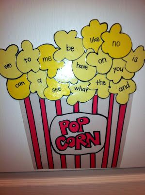 Popcorn Sight Words.  Earn popcorn parties as the kids pass off sight words.  Great motivator. Sight Words Decoration Ideas, Sight Words Board Decoration, Popcorn Day Activities, Kindergarten Popcorn Activities, Popcorn Sight Words, Popcorn Words Kindergarten, Popcorn And Movie Day Kindergarten, Popcorn Literacy Activities, Popcorn Theme Classroom