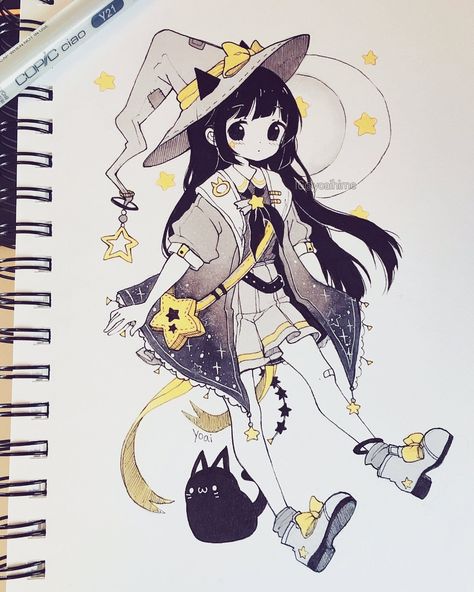 Arte Doodle, Witch Costume, Arte Sketchbook, Arte Inspo, Anime Drawings Tutorials, A Witch, 판타지 아트, Kawaii Drawings, Marker Art