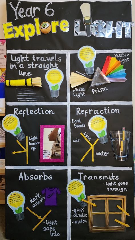 Science Soft Board Decoration, Science Chart Ideas For Class 8, Light Science Project, Science Display Ks2, Physics Charts Ideas, Science Tlm Ideas, Light Bulletin Board Ideas, Science Boards Display Ideas, Science Board Decoration Ideas