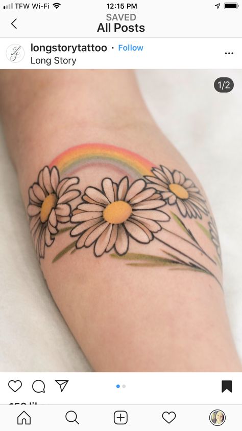 White Daisy Tattoo, April Birth Flower Tattoo, Tattoo Symbolism, Daisy Tattoo Designs, Sunflower Tattoo Shoulder, Flower Tattoo Meanings, April Birth Flower, Rainbow Tattoos, Cross Tattoos For Women