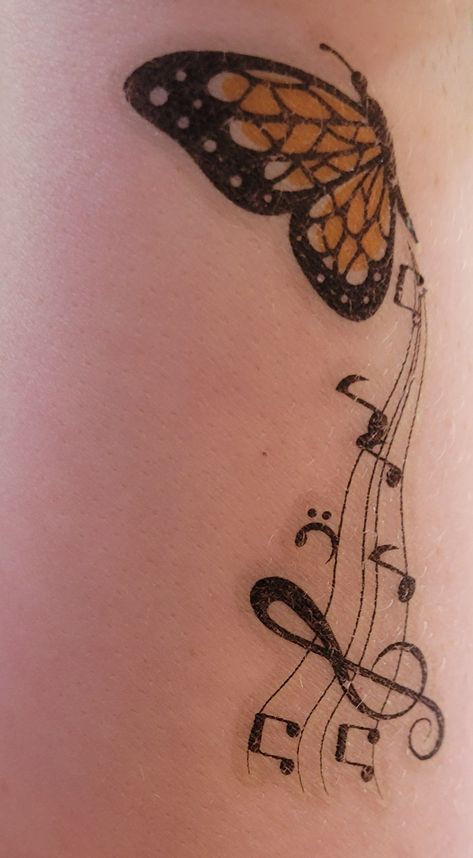 Butterfly Tattoo With Music Notes, Music And Butterfly Tattoo, Choir Tattoo Ideas, What’s Meant To Be Will Be Tattoo, Butterfly Music Tattoo, Music Butterfly Tattoo, Musical Tattoos For Women, Music Note Tattoos For Women, Tattoos For Music Lovers Unique