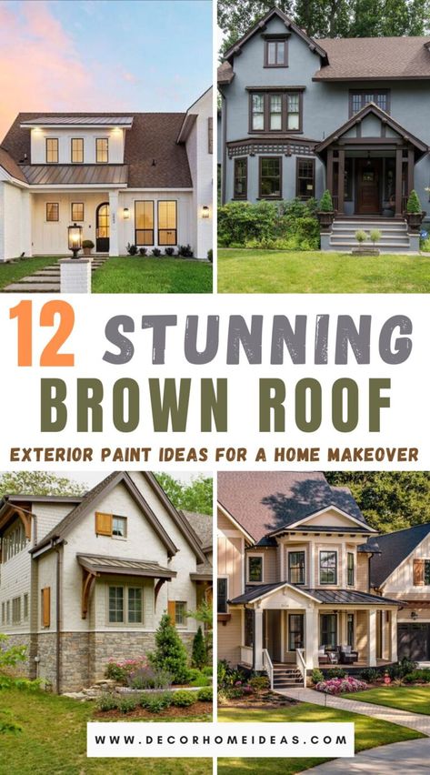 Revamp your home's exterior with these 12 stunning paint inspirations for brown roofs. Explore creative and elegant color palettes that enhance your home's curb appeal and elevate its overall look. Brown Roof Exterior, Brown Roof Houses, Brown House Exterior, Brown Brick Houses, Brick House Colors, Brown Roofs, Outside House Colors, Metal Roof Houses, Exterior Paint Schemes