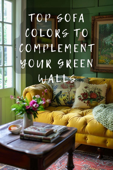 Wondering what sofa color complements green walls? 🛋️🌿 Click to explore the best sofa shades that make your green walls pop and bring harmony to your space. #HomeDecor #GreenWalls #SofaColors #InteriorDesign #StylishLiving Green Wall Green Couch, Yellow Wall Green Couch, Black Couch Green Walls, Green Sofa Green Wall, Rooms With Green Walls, Green Yellow Living Room, Green Sofa Living Room Ideas, Green Living Room Color Scheme, Golden Sofas