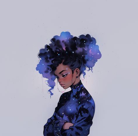 Galaxy Person Drawing, Rainbow Hair Character Art, Galaxy Hair Art, Cloud Hair Character Design, Galaxy Hair Drawing, Cloud Hair Drawing, Cloud Afro, Cloud Person, Star Afro