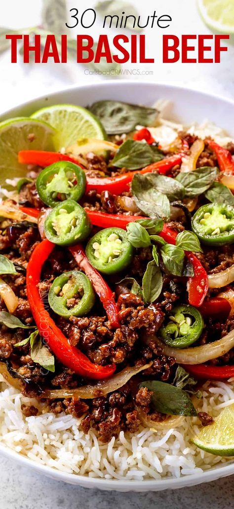 Thai Basil Beef Recipe, Pao Recipe, Basil Beef, Thai Basil Beef, Recipe Ground Beef, Thai Beef, Carlsbad Cravings, Thai Basil, Asian Inspired Recipes