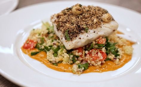 Ingredients - Serves 1200g Cod filletCrust:60g chopped and roasted cashew nuts (you can also use hazel or macademina nuts)Zest of 1 lemon1tbsp cooked quinoa - cook extra for the tabboulehChopped coriander to tastePinch of spices to your taste, we used… Crusted Cod, Quinoa Tabbouleh, Cod Recipe, Cooked Quinoa, Squash Puree, Cod Recipes, Fit Food, Cooking Together, Healthy Eating Recipes