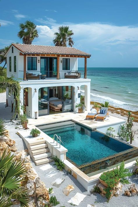 Mediterranean Villa Design, House On The Beach, Small Beach Houses, Small Villa, Dream Bedroom Inspiration, Jungle House, Rest House, Dream Beach Houses, Casas Coloniales