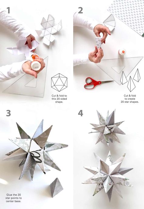 3D Paper Star Craft Pattern (Free DIY Christmas Printable) - Bloom Star Template Printable Free 3d, Paper Folding Ornaments, 3d Star Diy, Paper Star Pattern, 3d Paper Art Templates Free Printable, Paper Christmas Ornaments Free Printable, 3d Stars Diy Paper, 3d Star Template, 3d Christmas Star