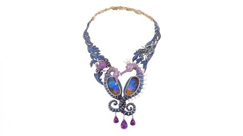 Lydia Courteille Seahorses Necklace This elaborate necklace has more than 20 grams of blue Australian opals with white diamonds, black diamonds, fancy sapphires, amethysts, sapphires 51.19 cts all set in 18k gold Sea Creature Jewelry, Seahorse Jewelry, Clay Tips, Chunky Jewellery, Sea Necklace, Seahorse Necklace, Fancy Sapphire, Embroidery Works, Seahorses