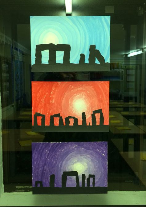 Stonehenge paintings - Year 3   Following a trip to Stonehenge (linking to our Stone Age topic) the children created these amazing paintings. We practiced colour blending for the background, then cut out 'stones' from black sugar paper for the foreground. Stone Age Display Year 3, Stone Age Project, Stone Age Year 3, Stone Age Art Ks2, Stone Age School Project, Bronze Age Art, Year 3 Stone Age, Stone Henge Art, Stone Age Ks2