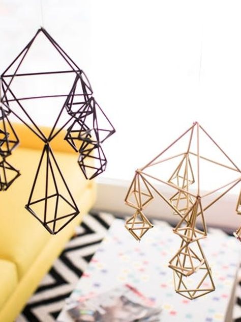 It’s finally (almost) summer! You know what that means, summer rain storms that have you and the kids cooped up in the house instead of outside at the beach. We’ve got the perfect DIY for you that is kid friendly and super chic for your home. A geometric mobile made out of straws! Yes, straws. For under $5.00 you can whip up three of these and hang them staggering heights for a dramatic piece above your coffee table. Geometric Mobile, Purple Crayon, Rain Storm, Summer Rain, Home A, Repurpose, The Kids, Kid Friendly, At The Beach