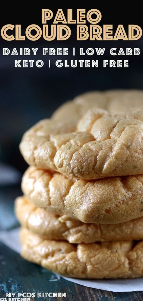 My PCOS Kitchen - Keto Paleo Cloud Bread - Delicious soft gluten-free and dairy-free cloud bread made with creamy mayonnaise.  Can be served with a delicious sugar-free and gluten-free bbq pork sandwich! #glutenfree #keto #paleo #dairyfree #bread Dairy Free Cloud Bread, Easy Cloud Bread Recipe, Keto Cloud Bread, Bbq Pork Sandwiches, Gluten Free Bbq, Keto Bread Recipe, Diet Lunch, Best Keto Bread, Bread Substitute