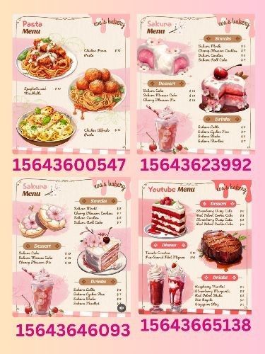 Kawaii Cafe Bloxburg, Menu Roblox Id, Cute Kitchen Decals Bloxburg, Bloxburg Feminine Products Decals, Roblox Cafe Bloxburg, Bloxburg Cafe Decals Codes Pink, Cute Pink Decals For Bloxburg, Roblox Food Decal Codes, Bloxburg Cafe Kitchen