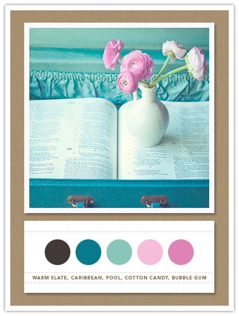 Colour Palette: warm slate, caribbean, pool, cotton candy, bubble gum Celery Green, Color Schemes Colour Palettes, Living Room Color Schemes, Alternative Bridal, Grey Color Scheme, Bridal Magazine, Design Seeds, Blue Color Schemes, Color Crush