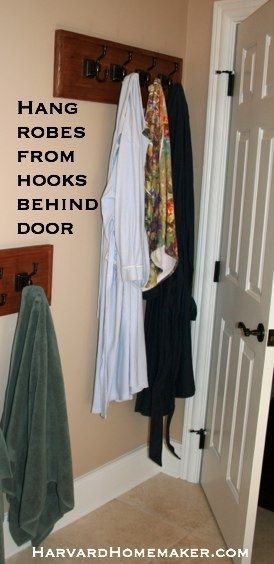 Use a hook rack behind the bathroom door for robes and towels. #home #harvardhomemaker Bathroom Robe Hook Ideas, Room Door Ideas, Bathroom Door Hooks, Bathroom Door Ideas, Bath Robes, Robe Hooks, Towel Racks, Hook Rack, Bathroom Door