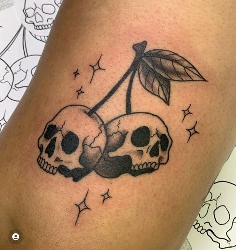 Cherry Skull Tattoo, Skull Cherries, Small Skull Tattoo, Coffin Tattoo, Tato Tradisional, 16 Tattoo, Cherry Tattoos, Goth Tattoo, Wicked Tattoos