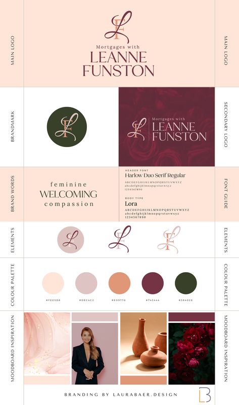 Brand Identity Design for Mortgages with Leanne Funston. A brand identity that reflects values of compassion, femininity, and warmth. From a feminine colour palette to welcoming and elegant typography, every detail was created to convey trust and comfort. 

Discover how a carefully curated visual identity can make a powerful connection. ✨ Feminine Design Graphic, Feminine Brand Identity, Feminine Colour Palette, Vibrant Branding, Feminine Color Palette, Feminine Brand, Spa Branding, Font Guide, Brand Words